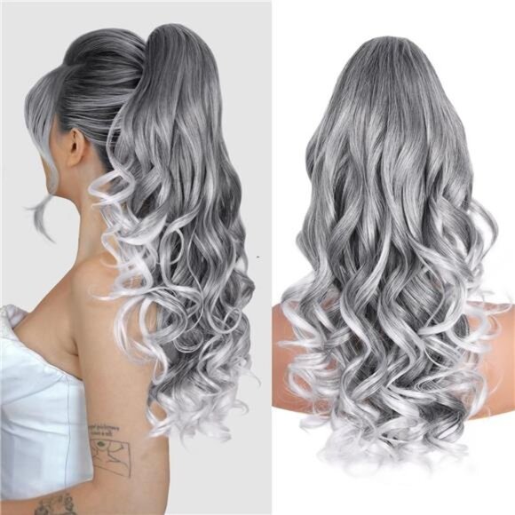 Long Curly Wavy Ponytail Extensions Grey With White Ends